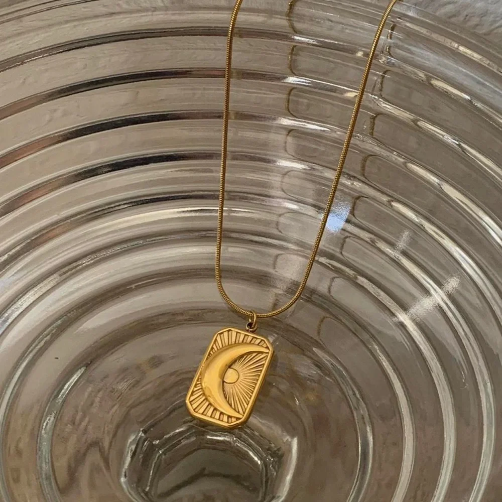 Star and moon necklace, rectangle pendant necklace, layered necklace,